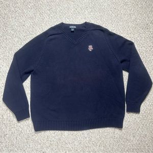 Lands End Wisconsin Badgers Mens V Neck Sweater XL 46-48 Blue Cotton Pullover